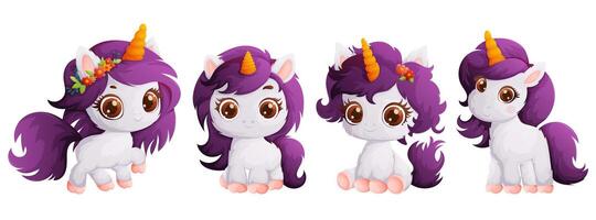 A set of four happy and cute milky unicorns with a purple mane. Pony with a yellow horn. Cartoon style, vector. vector