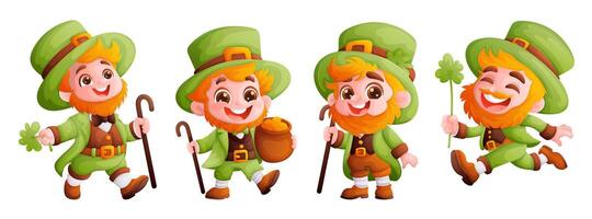 Set of four happy and cute leprechauns in a green suit. A red-haired boy with a beard, wearing a green conical hat. Symbol of the holiday Saint Patrick. Cartoon style, vector. vector