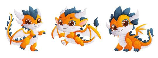 Set of three happy and cute yellow dragons. A small dragon with wings and blue spikes on its body. Symbol of the year. Cartoon style, . vector