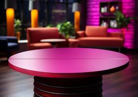ai generado un vistoso rosado amarillo púrpura y rojo Noticias estudio habitación mesa diseño foto