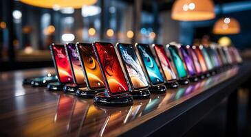 AI generated View of a beautiful variety of smartphone stores in a glass photo