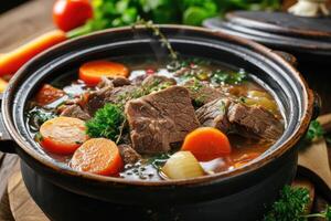 AI generated Traditional beef broth with vegetable, bones and ingredients in pot photo