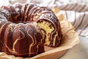 AI generated Traditional homemade freshly baked whole marble cake on paper. photo