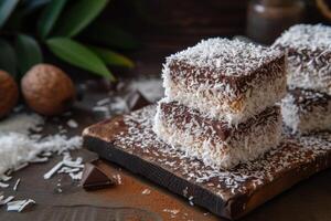 AI generated Lamingtons, sponge cake with chocolate and coconut. photo