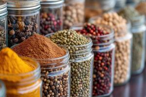 AI generated Assorted spices in glass jars. Home storage of spices. photo