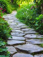 AI generated Stone walk path in the garden. photo