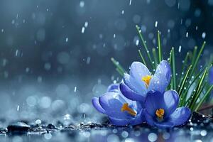 AI generated Spring flowers of blue crocuses in drops of water on the background of tracks of rain drops. photo