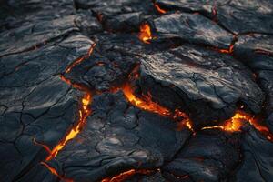 AI generated Scorched rock floor with molten rocks and lava cracks. photo