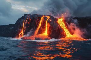 ai generado activo lava fluir volcánico erupción magma conmovedor el Oceano foto