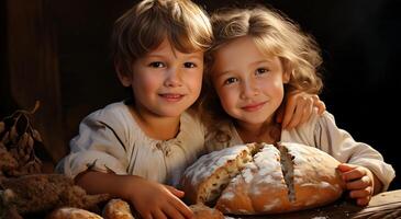 AI generated Delicious bread snack recipe with two kids and a beautiful view of fun food photo