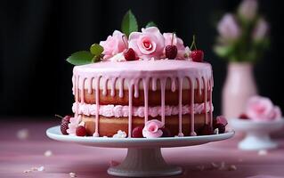 ai generado un vistoso cumpleaños rosado pastel y muy delicioso a comer foto