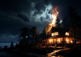 AI generated Scene of fire with lightning in a house photo