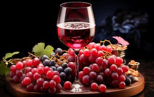 ai generado uva jugo en un vino vaso y varios frutas oscuro rosa, gris y rojo uvas a el fondo foto