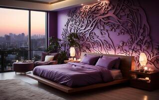 AI generated A purple deep and light color bedroom interior design photo