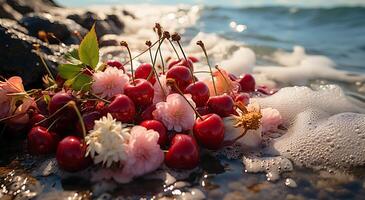 AI generated Different colors of roses and cherry blossoms are blooming on the beach photo