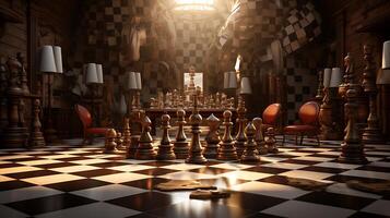 ai generado hermosa escena diseño de jugando ajedrez en un mesa foto