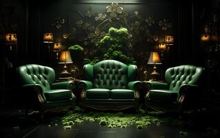 AI generated View of a beautiful green Room celebrating St. Patrick's Day photo