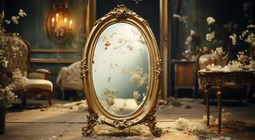 ai generado ver de un hermosa limpiar espejo en un vistoso habitación foto