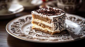 ai generado ver de un comida restaurante tiene un hermosa delicioso Tiramisu vistoso pastel en un plato foto
