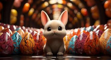 AI generated View of Beautiful Rabbit with Easter eggs of different colors photo