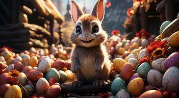 AI generated View of a Beautiful Rabbit standing and some colorful Easter eggs next to it photo