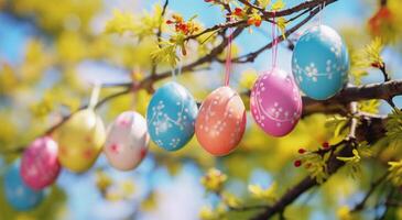 AI generated View of different colored Easter eggs on a tree photo