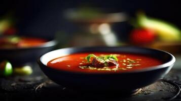 AI generated Tomato soup with basil in a bowl. Dark blurry background. Copy space. Closeup view. photo