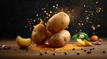 AI generated Potato with spice mixing ingredients for cooking on a table, isolated on a studio background. photo