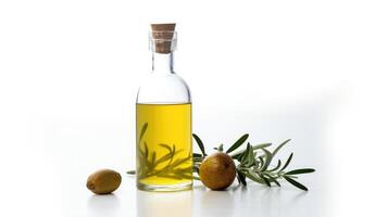 AI generated Bottle of olive oil and olives isolated on white background. photo