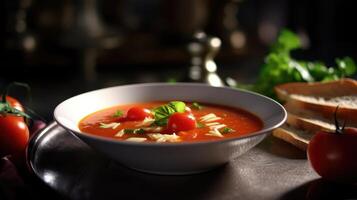 AI generated Tomato soup with basil in a bowl. Dark blurry background. Copy space. Closeup view. photo