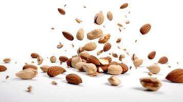 AI generated Different varieties of nuts falling into ground, isolated on white background. photo