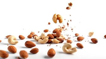 AI generated Different varieties of nuts falling into ground, isolated on white background. photo