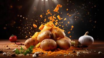 AI generated Potato with spice mixing ingredients for cooking on a table, isolated on a studio background. photo