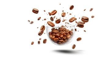 AI generated Falling down coffee beans on a cup and ground, isolated on a white background. photo