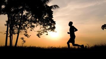 ai generado silueta de un hombre corriendo trotar en el Mañana. hombre aptitud silueta amanecer trotar rutina de ejercicio bienestar concepto. foto