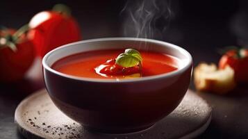 AI generated Tomato soup with basil in a bowl. Dark blurry background. Copy space. Closeup view. photo