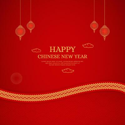 Chinese New Year Red Background Design With Chinese Border Pattern and Lanterns