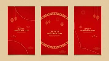 Chinese New Year Social Media Stories Collection Template with Chinese Pattern Brushes Border and Chinese Style Lanterns vector