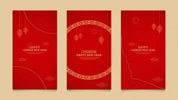 Chinese New Year Social Media Stories Collection Template with Chinese Pattern Brushes Border and Chinese Style Lanterns vector