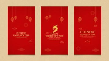 Happy Chinese New Year Social Media Stories Collection Template with Chinese Pattern Brushes Border and Chinese Lanterns vector