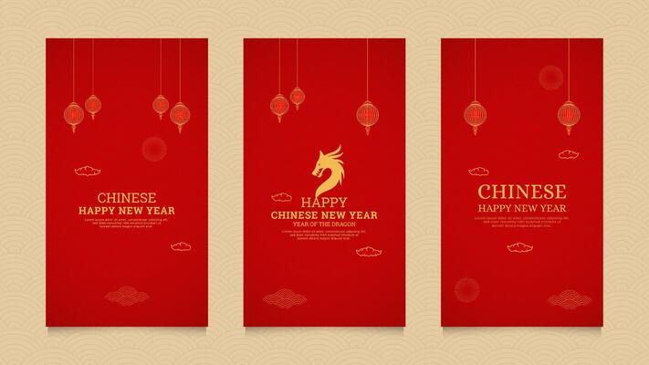 Happy Chinese New Year Social Media Stories Collection Template with Chinese Pattern Brushes Border and Chinese Lanterns