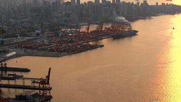 Aerial view of Port of Vancouver, downtown is on the background video