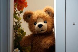 AI generated Shy surprise Cute brown teddy bear sneaks behind door, celebrating photo