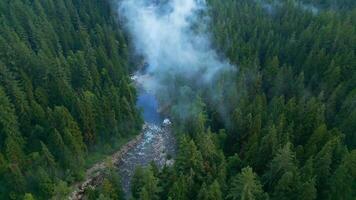 Top down view of beautiful mountain landscape. A river flows among tall trees video