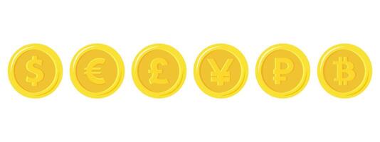 Golden coins with currencies symbols. Set of stylized golden coin with currency symbols dollar, euro, pound, ruble, yuan and bitcoin signs. vector