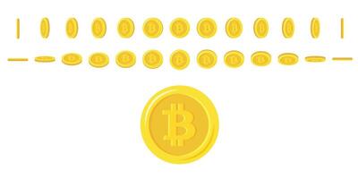 Bitcoin coins rotating. Set of rotation gold coins at different angles for animation. Flat vector illustration.