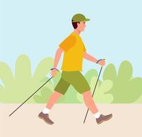 Man doing nordic walking, exercising. A young man walks on foot with walking sticks in nature. Healthy lifestyle vector