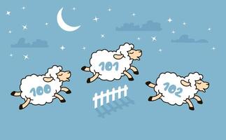 Cute cartoon sheep are jumping over the fence. Counting sheep for insomnia. Good night. Night sky with cute sheep vector