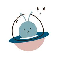 Cute cartoon alien in flying saucer. Isolated vector illustration in flat style. For scrapbooking, postcards, wrapping paper, fabrics, wallpaper.
