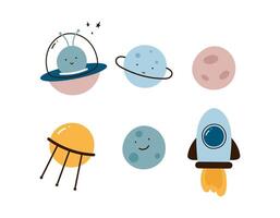 espacio conjunto con linda planetas, cohete, volador platillo, extraterrestre, satélite. dibujos animados plano estilo. vector ilustración.